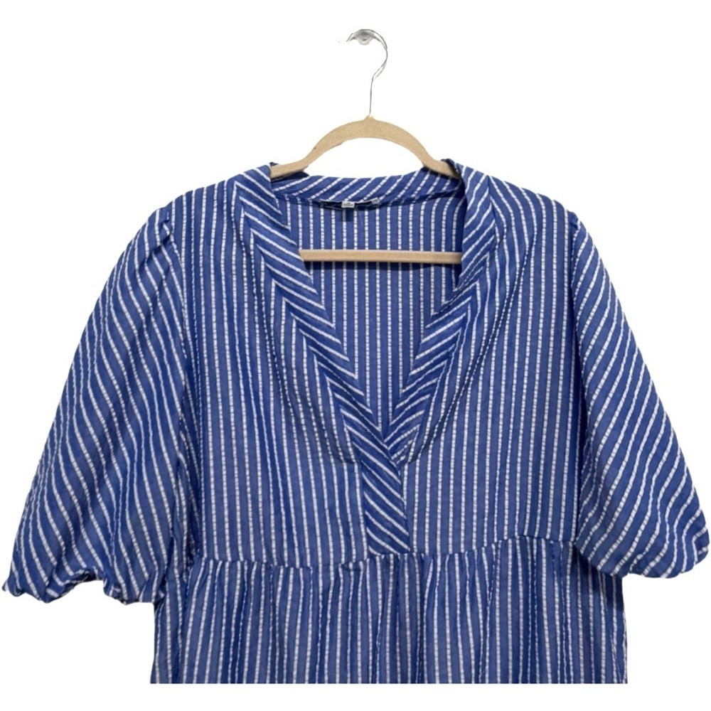 Sandra Darren Blue White Seersucker Stripe Tiered Dress Size 14 Fourth of July - Picture 2 of 6